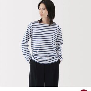 MUJI Heavyweight Cotton Boatneck T-Shirt Blue Stripe Large
